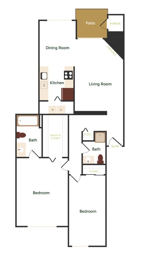 Floor plan for 2 beds, 2 baths, 1172 sqft